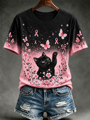 Frauen Brustkrebs Bewusstsein Katze Print Casual T-Shirt