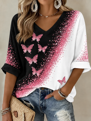 Damen-T-Shirt mit Brustkrebsmotiv, mittellange Ärmel und V-Ausschnitt