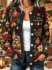 Damenjacke mit weihnachtlichem Print, waffelstrukturiert und langärmlig