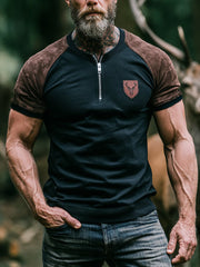 Herren-Retro-T-Shirt mit Farbblock-Print, halber Reißverschluss und Rundhalsausschnitt, Kurzarm