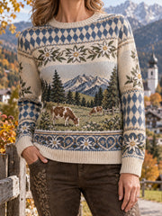 Langärmeliger Damenpullover mit ländlichem Landschaftsmotiv