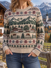 Langärmeliger Damenpullover mit ländlichem Landschaftsmotiv
