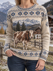 Langärmeliger Damenpullover mit ländlichem Landschaftsmotiv