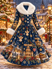 Langes Damenkleid mit Weihnachtsmotiv-Print und Pelzkragen