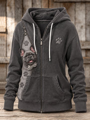 Damen Peeking Französische Bulldogge & Pfote Drucke Reiß verschluss Kontrast druck Full Zip Hoodie
