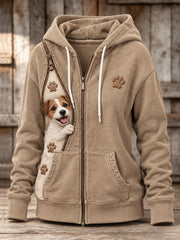 Damen Peeking Jack Russell Hund & Pfote Drucke Reiß verschluss Kontrast druck Full Zip Hoodie