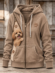 Frauen Peeking Pudel Hund & Pfote Drucke Reiß verschluss Kontrast druck Full Zip Hoodie