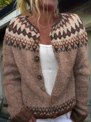 Damen Winter Isländischer Pullover mit rundem Hals lose Knopf Strickjacke