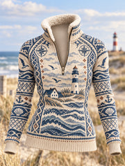 Damen-Oberteil mit Küstenmotiv und Pelzkragen