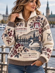 Damen-Sweatshirt mit Fleece-Innenfutter, hohem Kragen und Vintage-Prints im Stil städtischer Souvenirs