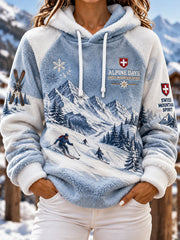 Damen-Kapuzenpullover mit Grafikmotiv zum Thema Alpin-Skifahren und Raglanärmeln