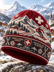 Gestrickte Mütze mit Alpinskifahren-Motiven