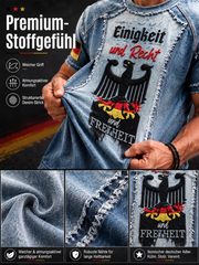 Herren-T-Shirt mit deutscher Flagge, Schwarzadler-, Denim- und Patchwork-Print, lässig