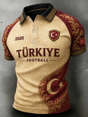 Erkek retro etnik tarzı futbol eleman baskı kısa kollu polo gömlek