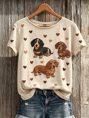 Damen schöne Dackel Hunde Herzen Muster Print kurz ärmel iges T-Shirt