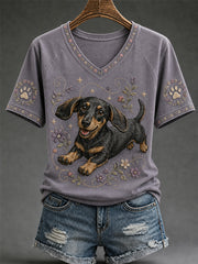 Damen-Retro-T-Shirt mit Hunde-Print und V-Ausschnitt für den Alltag