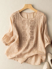 Damen-T-Shirt aus Baumwoll-Leinen mit Blumen kleidung