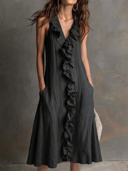 Ärmelloses Damenkleid aus Baumwolle-Leinen mit V-Ausschnitt und weit schwingendem Rock, mit Hibiskus-Blütenbordüre