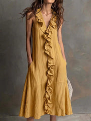 Ärmelloses Damenkleid aus Baumwolle-Leinen mit V-Ausschnitt und weit schwingendem Rock, mit Hibiskus-Blütenbordüre