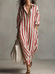 Damenurlaub Bohemian gestreiftes Langarm-Hemdkleid