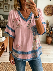 Damen-Hemd aus Baumwolle-Leinen mit Blumenmuster