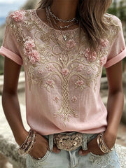 Damen-Kurzarm-T-Shirt aus Leinen mit keltischem Druck, rosa Blumen baum des Lebens