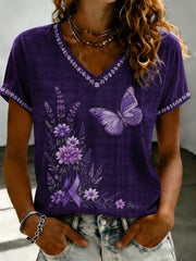 Damen T-Shirt mit V-Ausschnitt und lila Flora Kunst bedruckt