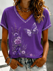 Damen T-Shirt mit V-Ausschnitt und lila Flora Kunst bedruckt