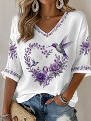 Damen-T-Shirt in Lila mit Blumen- und Kolibri-Print, halbarm, V-Ausschnitt, zur Sensibilisierung für die Alzheimer-Krankheit