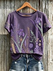 Lässiges T-Shirt für Damen mit violettem Pflanzenblütenmuster