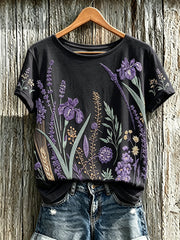 Lässiges T-Shirt für Damen mit violettem Pflanzenblütenmuster
