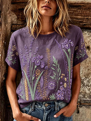 Lässiges Leinen-T-Shirt für Damen mit violettem Blumenmuster und kurzen Ärmeln