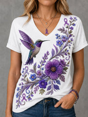 Damen-T-Shirt mit violetter Blumen- und Kolibri-Print-Aufschrift zur Sensibilisierung für Alzheimer, V-Ausschnitt