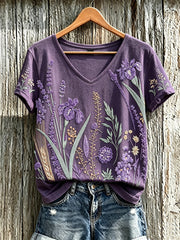 Lässiges T-Shirt für Damen mit violettem Pflanzenblütenmuster