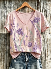 Lässiges T-Shirt für Damen mit violettem Pflanzenblütenmuster