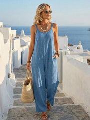 Damen-Lässiger eintöniger Spaghettiträger-Jumpsuit mit weitem Bein