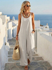 Damen-Lässiger eintöniger Spaghettiträger-Jumpsuit mit weitem Bein
