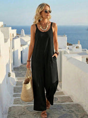 Damen-Lässiger eintöniger Spaghettiträger-Jumpsuit mit weitem Bein