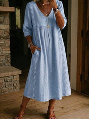 Damen-Maxi kleid mit einfachen Spitzen-Patchwork-Plissee mit mittleren Ärmeln