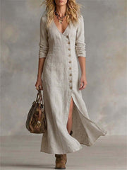 Damen Vintage Klassische Seiten knöpfe Schlitz unten Flowy Maxi Kleid