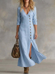 Damen Vintage Klassische Seiten knöpfe Schlitz unten Flowy Maxi Kleid