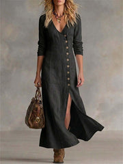 Damen Vintage Klassische Seiten knöpfe Schlitz unten Flowy Maxi Kleid