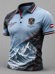 Herren-Poloshirt in Retro-Optik mit Schneeberglandschaftsdruck und kurzen Ärmeln