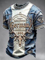 Men’s Retro German Rock ‘n’ Roll Wacken Music Festival Denim Patchwork Print Casual T-shirt