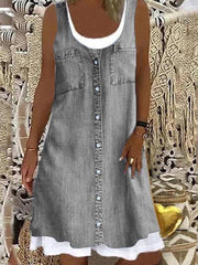 Damen Denim-Look-Print Faux zweiteiliges Kleid