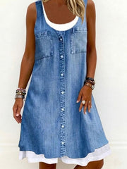 Damen Denim-Look-Print Faux zweiteiliges Kleid