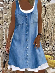 Damen Denim-Look-Print Faux zweiteiliges Kleid