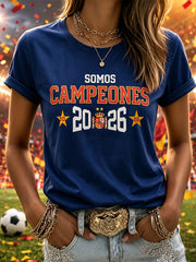 Damen-T-Shirt „We Are The Champions 2026“ mit Aufdruck – Feierliches Geschenk für spanische Fußballfans – Lässiges Freizeit-T-Shirt