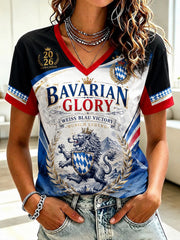 Damen-T-Shirt mit V-Ausschnitt, deutscher bayerischer Glanz-Print