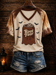 Spukhaftes Damen-T-Shirt mit V-Ausschnitt und Dosen-Design zum Halloween